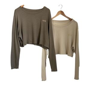 Set Active Womens Lot Of 2 Crop Long Sleeve T Shirt Sz Large Brown Tan Relaxed